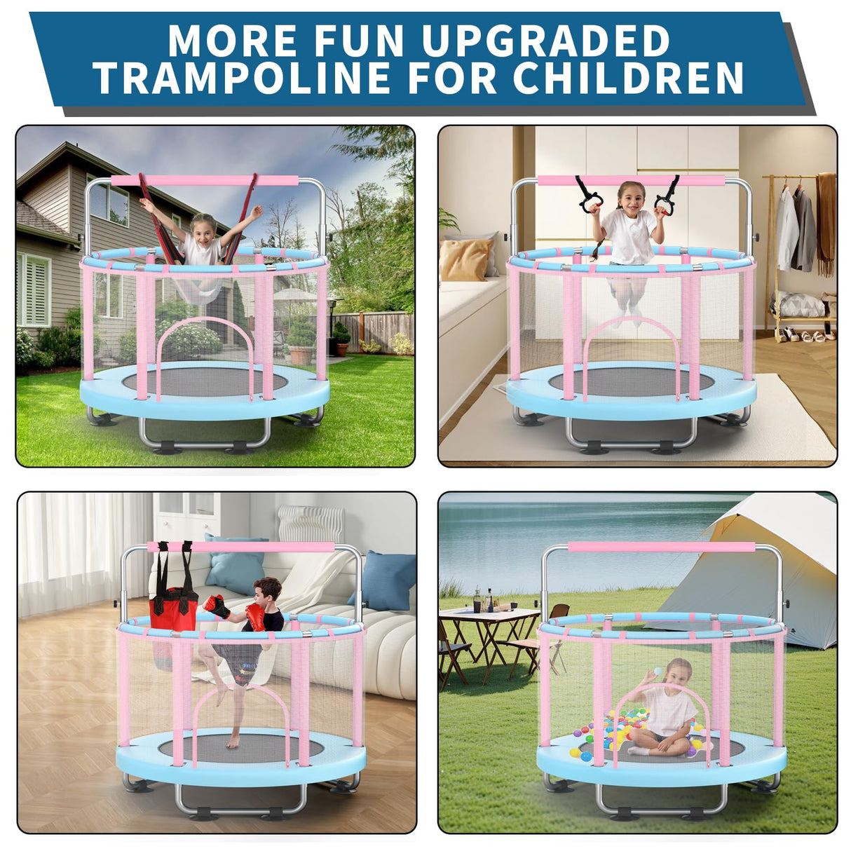FitinOne 55" Toddler Mini Trampoline for Kids, Indoor Outdoor Toys with Swing, 440lbs Baby Kids Trampoline, Gymnastics Bar, Birthday Gifts for Boy Girl Age 1-8 FitinOne