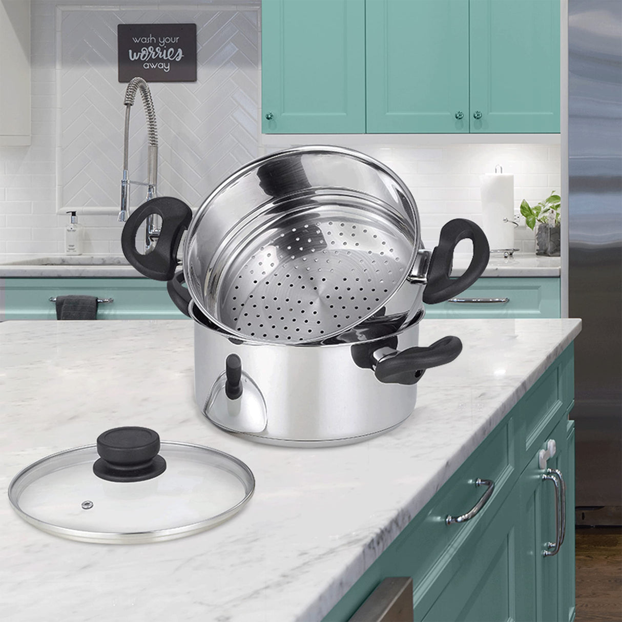 Nevlers 3 Piece Premium Heavy Duty Stainless Steel Steamer Pot Set Includes 3 Quart Cooking Pot, 2 Quart Steamer Insert and Vented Glass Lid | Stack and Steam Pot Set for All Cooking Surfaces Nevlers