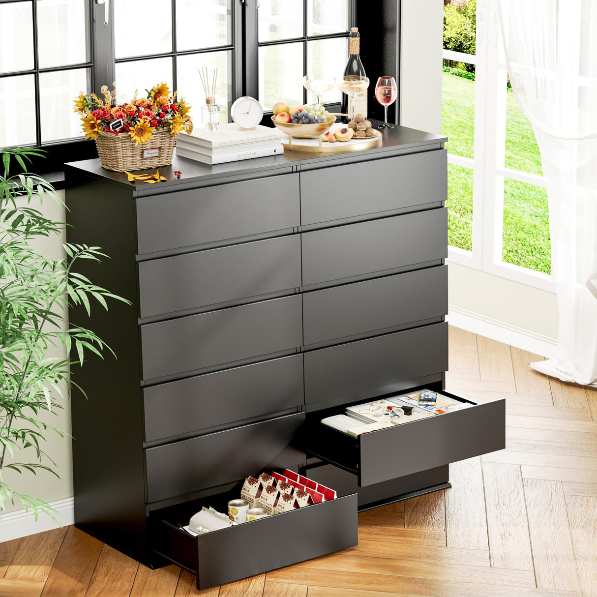 FOTOSOK Black Dresser, 6 Drawer Dresser, Modern Tall Black Storage Chest of Drawers Wood Dresser with Metal Sliding Rail, Handleless Drawer Cabinet for Home & Office FOTOSOK