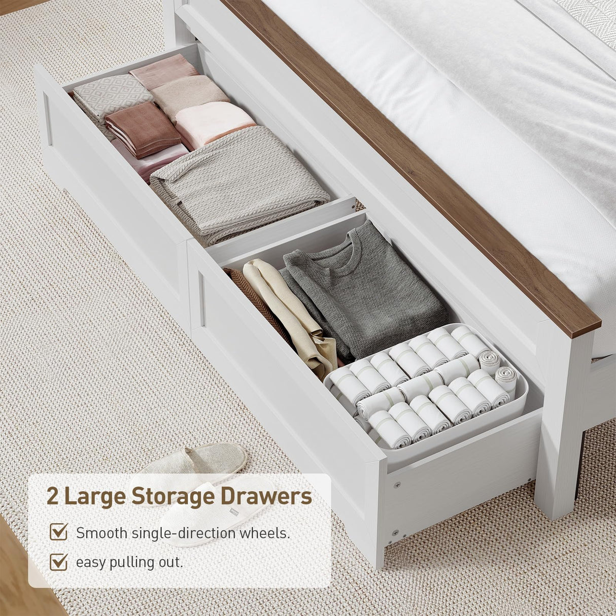 RALGEND Farmhouse Full Size Bed Frame with 51.2" Tall Headboard & Footboard, Wooden Platform Bed Frame with Large Storage Drawers, No Squeak, No Box Spring Needed, White and Walnut RALGEND