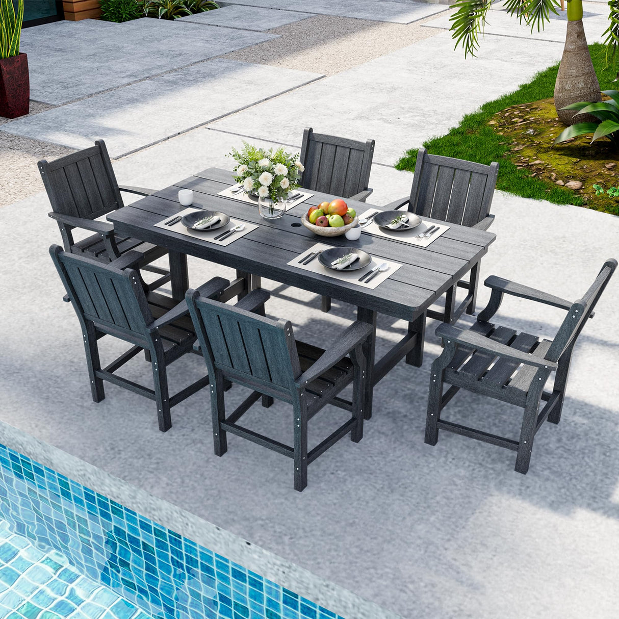 PamapicLife 7-Piece HDPE Outdoor Dining Set, Wood-Like Design Outdoor Table and Chairs with Elegant Armrest, All-Weather Patio Table and Chairs Set with Umbrella Hole for Porch, Poolside, Gray PamapicLife