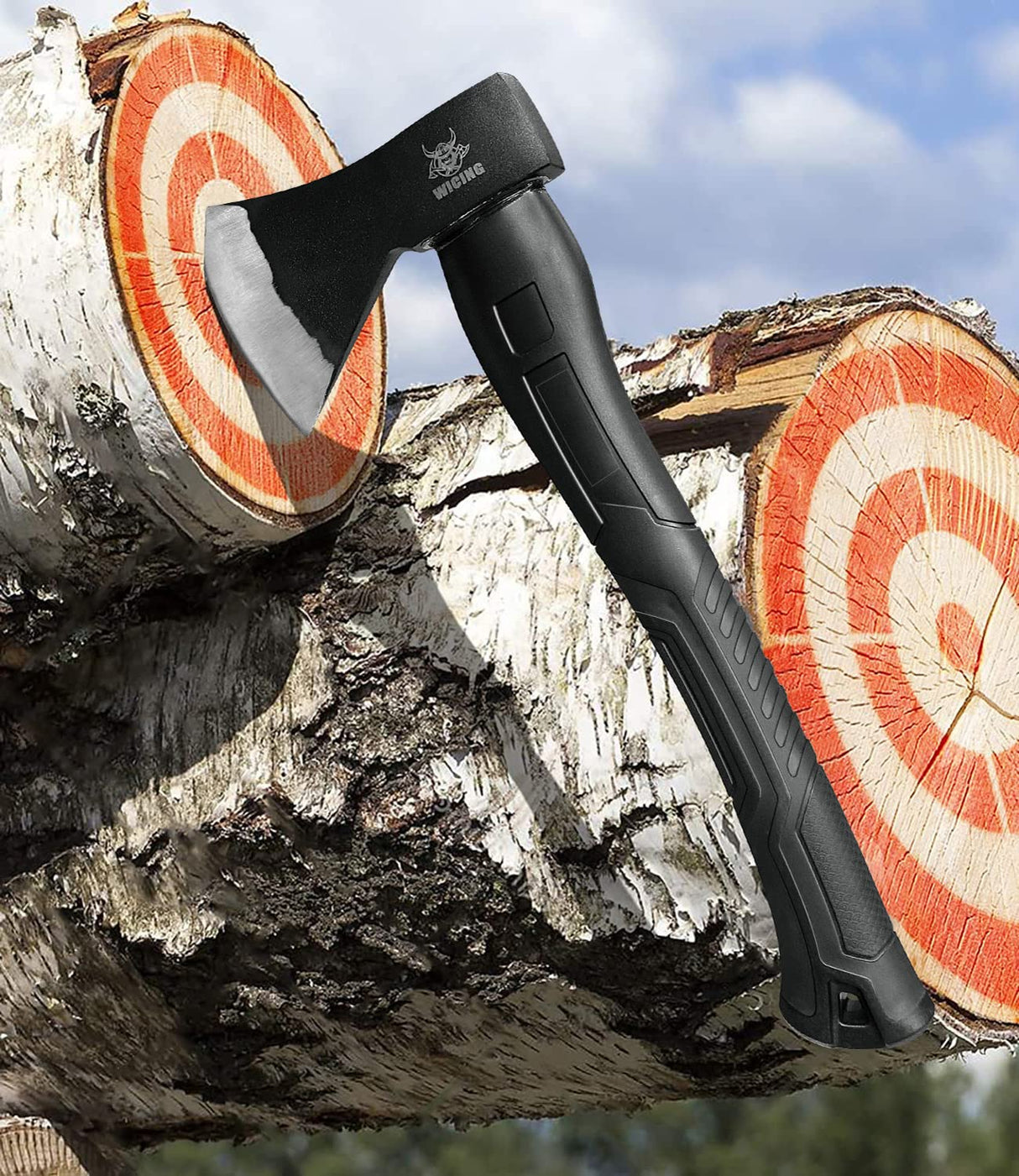 WICING Throwing Axe - 3 Pack, 15-inch Camping Hatchet, Carbon Steel Splitting Axe, Fiberglass Handle, with Anti-Slip & Shock Reduction Grip for Axe Throwing, Kindling, Chopping, and Wood Splitting WICING