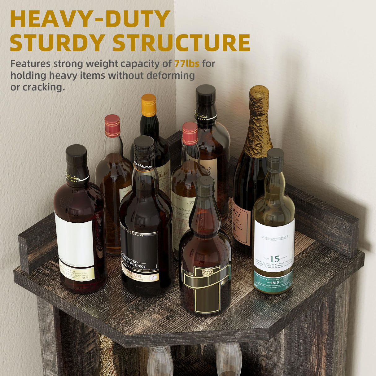 DWVO 53" Corner Bar Cabinet with Glass Door & LED Lights, Farmhouse Wine Cabinet with Glass Holder, 4-Tiers Liquor Cabinet Bar for Home Kitchen, Dining Room, Living Room, Dark Rustic Oak DWVO