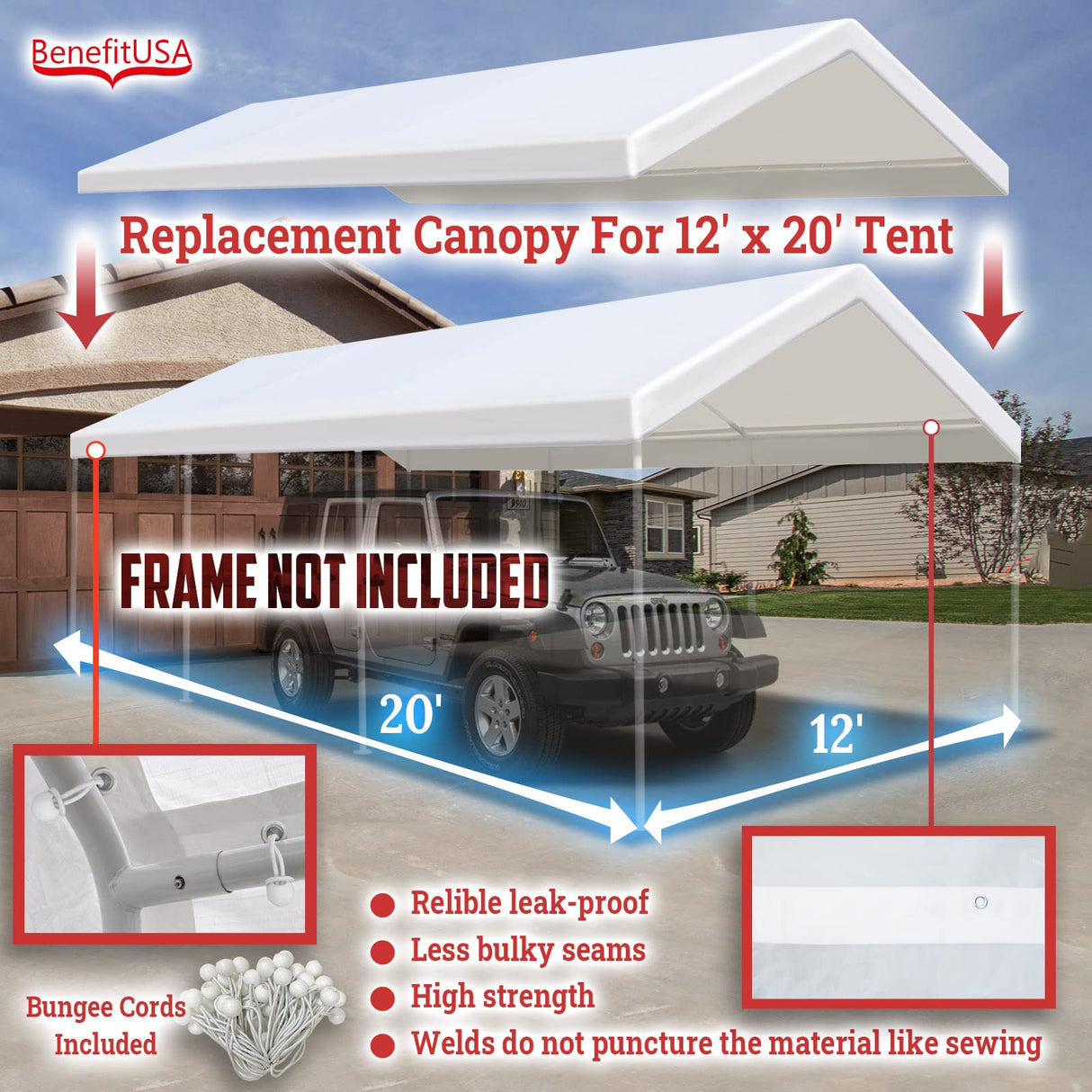 BenefitUSA Muli-ti Size Carport Replacement Canopy Garage Top Tarp Shelter Cover w Ball Bungee Cords, Canopy Onl with Edge (12'x20') BenefitUSA