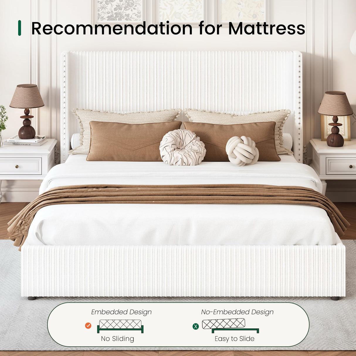 LARMACE King Size Bed Frame with 4 Storage Drawers Modern White Corduroy Upholstered Platform Bed Frame with Headboard Tufted Vertical Stripe &Wooden Slats Support, No Box Spring Need,Easy Assembly LARMACE