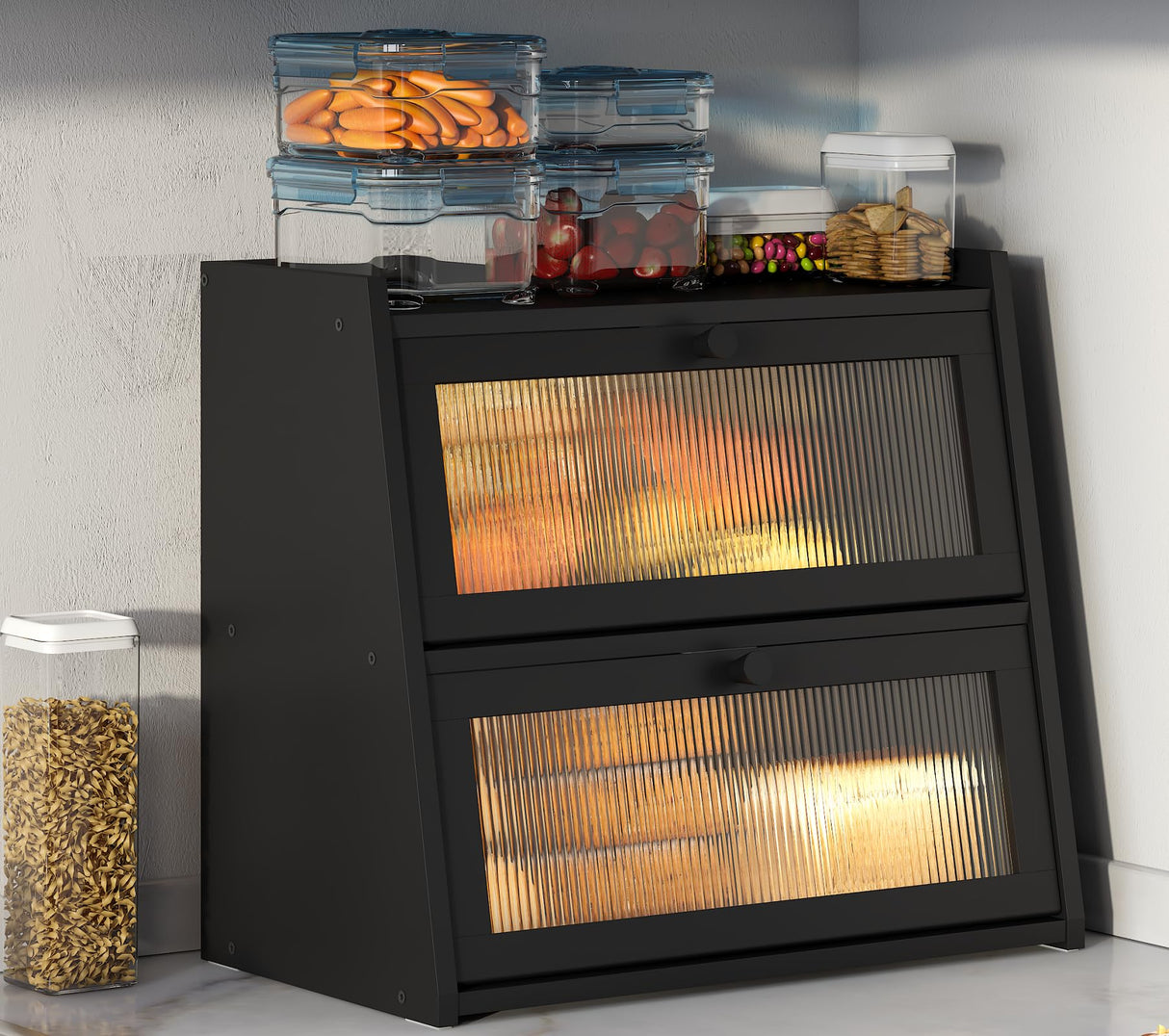 viewcare Black Bread Box, Double Layer Large Bread Box for Kitchen Counter, Bamboo Bread Storage Container with Wavy Acrylic Transparent Door viewcare