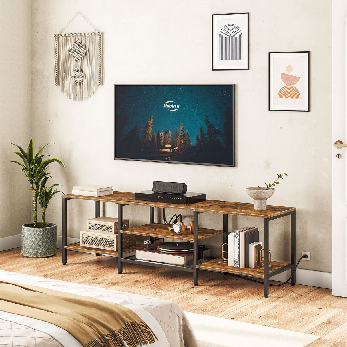 HOOBRO TV Stand with Power Outlets to 75 Inches, TV Console Table with Open Storage Shelves Cabinet, Industrial Media Entertainment Center for Living Room Bedroom, Rustic Brown and Black BF80DS01 HOOBRO