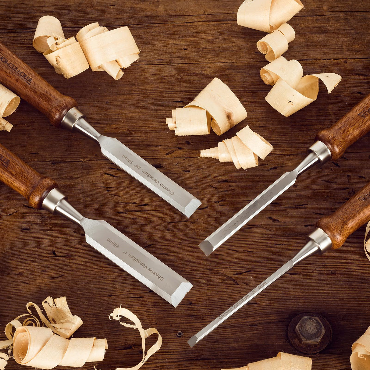 IMOTECHOM 4-Pieces Woodworking Wood Chisel Set with Canvas Bag, Razor Sharp CR-V 60 Steel Blades IMOTECHOM