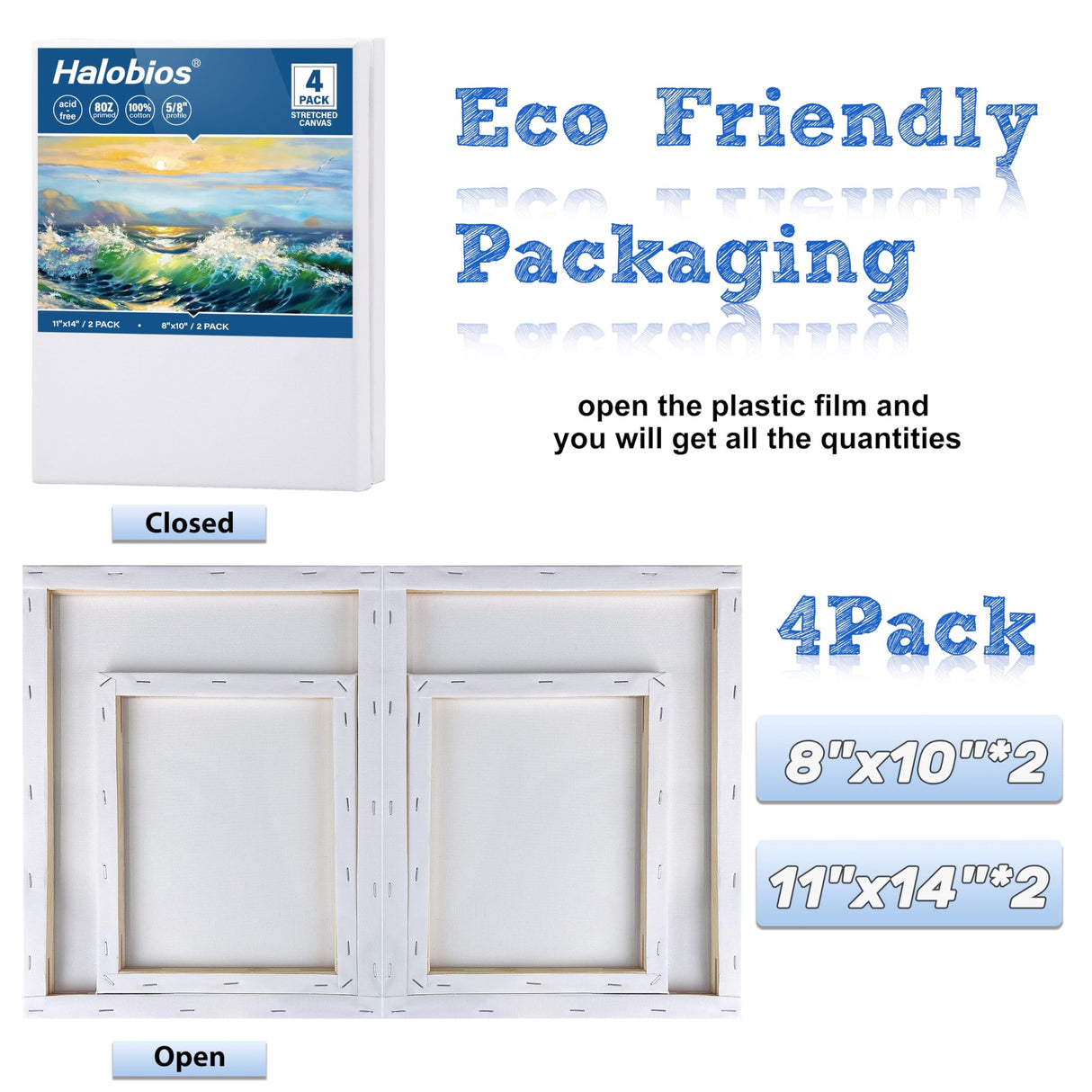 Halobios 4 Packs Blank Canvases for Painting with 8x10in,11x14in(2 of Each), Stretched Canvases for Acrylics, Oils & Other Painting Media, 100% Cotton, 5/8 Inch Profile of Super Value Canvas Pack Halobios