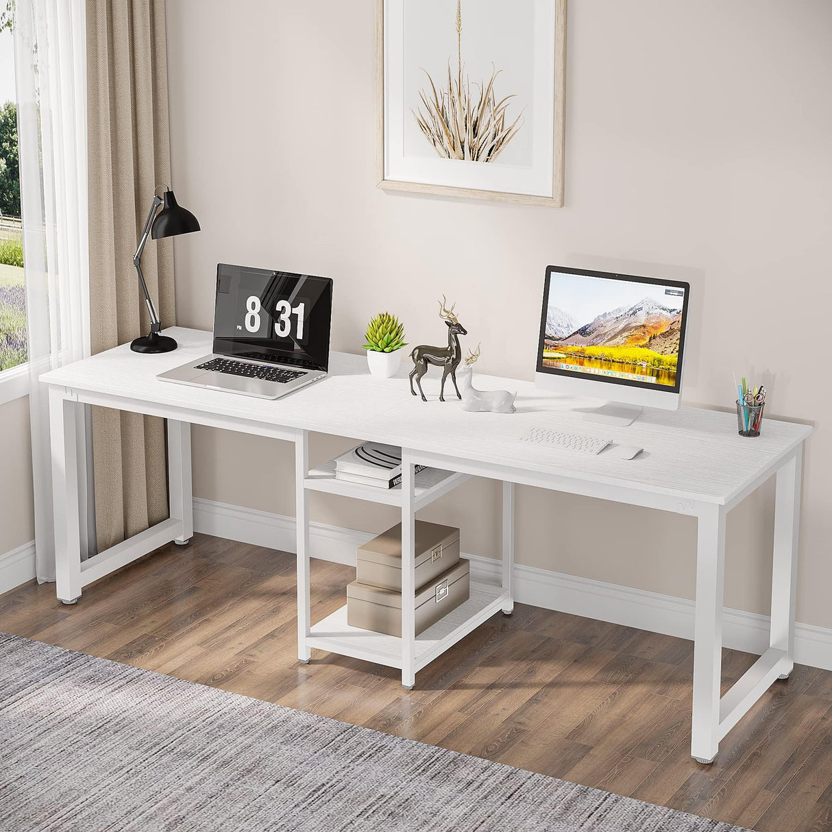 Tribesigns 78 Inches Computer Desk, Extra Large Two Person Office Desk with Shelf, Double Workstation Desk for Home Office(White) Tribesigns