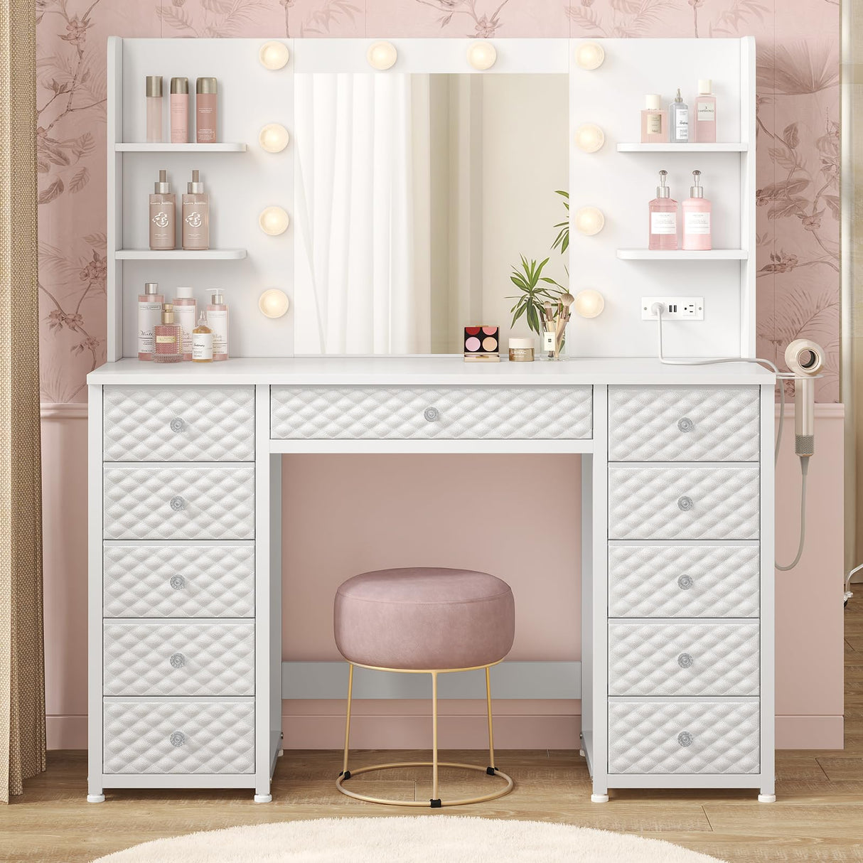 HAUOMS Vanity with Lights and Mirror, 11 Drawer Makeup Vanity with Power Strip, 6 Open Shelves, 43.3” Vanity Desk with Storage, Dressing Table with 3 Color Modes for Bedroom, Women, Girls (White) HAUOMS