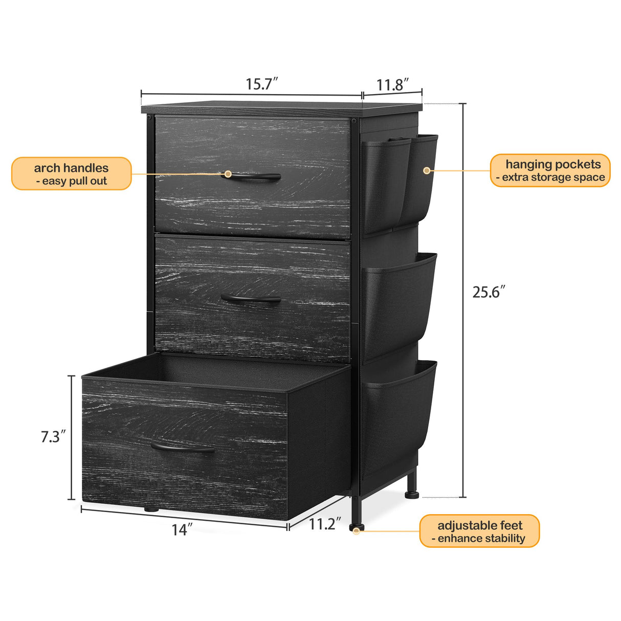 EnHomee Nightstand Set of 2, Night Stand with 3 Drawers for Bedroom, Bedside Table with Wooden Top, Sturdy Steel Frame End Table, Small Dresser for Bedroom, Living Room, Black EnHomee