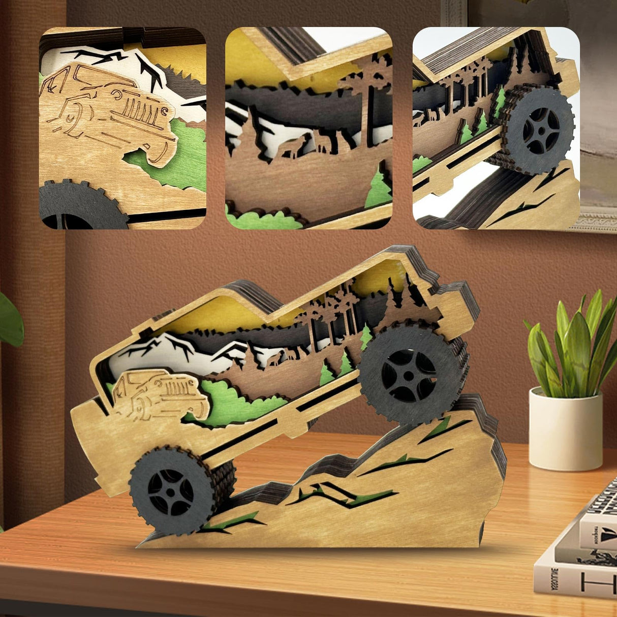 Drawelry 3D Wood Carving Lamp Home Creative Decorative, Funny Family Presents Ideas Christmas Living Room Office Decor Warm LED Night Lights Christmas Birthday Gift for Friend Son Dad Boys (Cool Car) Drawelry