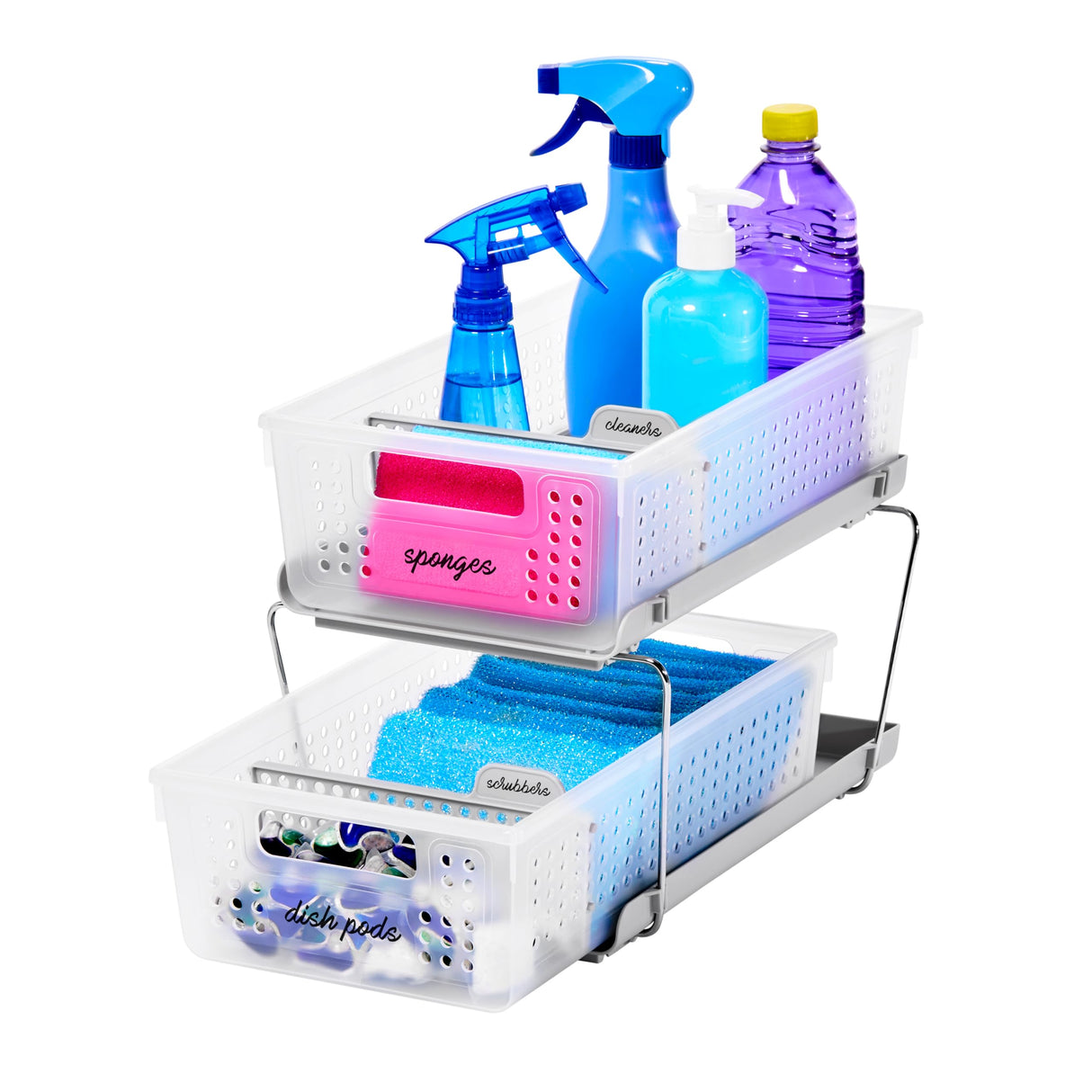 madesmart 2-Tier Organizer, Multi-Purpose Slide-Out Storage Baskets with Handles and Dividers, Frost madesmart