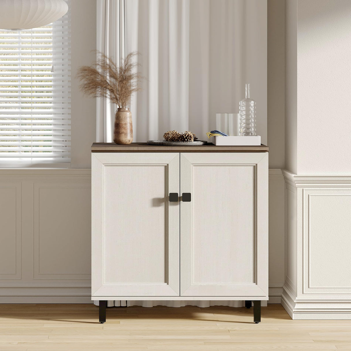 FENSULN Buffet Sideboard Cabinet Farmhouse Modern 3 in1 Storage Cabinet with Adjustable Shelves for Kitchen, Coffee Bar, Living Room, White FENSULN