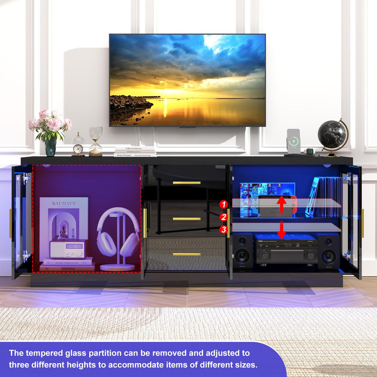 69" LED TV Stand for 70/75/80 inch TV,Modern Entertainment Center with Power Outlets,High Glossy Media Console Table Storage Cabinet with Open Shelves & Drawers for Living Room, Bedroom-Black jiteentarou