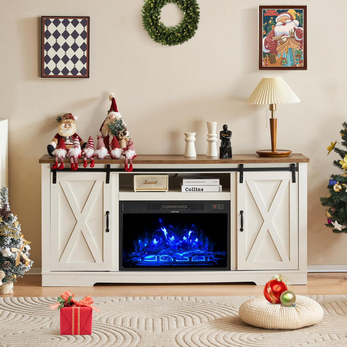 AMERLIFE Fireplace TV Stand with Sliding Barn Door for TVs up to 73", Farmhouse 63" Fireplace Entertainment Center with Storage Cabinets/Adjustable Shelves, Distressed White & Barnwood AMERLIFE