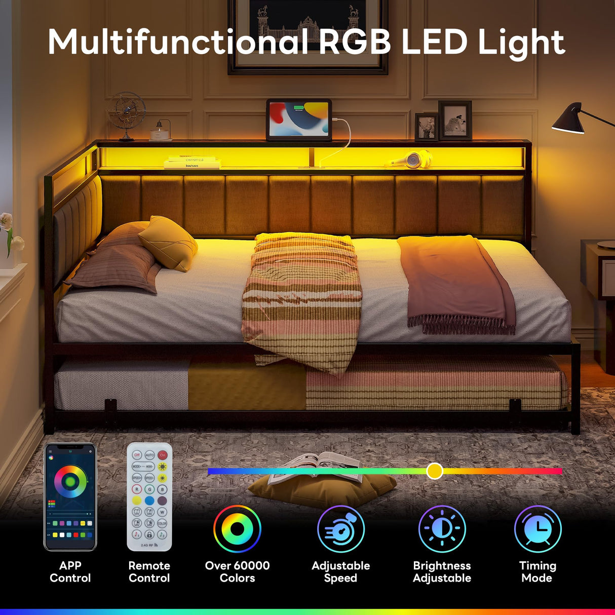 LIKIMIO Corner Twin Bed Frame with Trundle, Upholstered Storage Headboard & LED Lights, Twin Size Daybed with Charging Station, Sturdy Platform Metal Frame for Living Room, Bedroom, Guest Room, Gray LIKIMIO