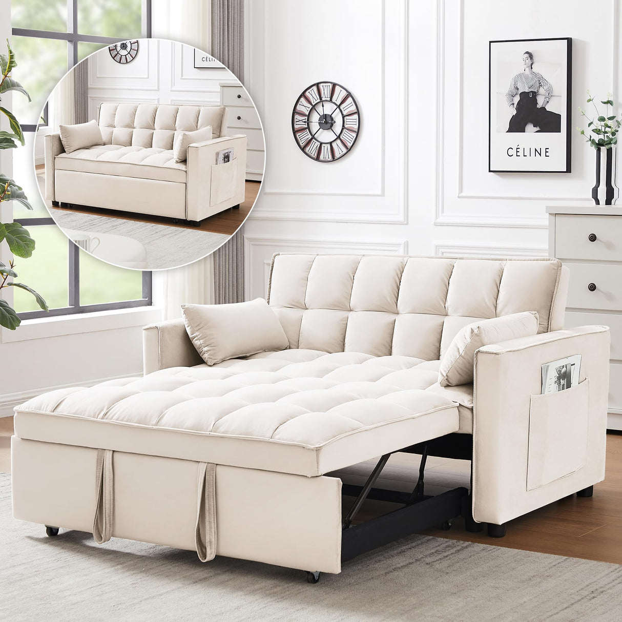 Wakefit 3 in 1 Convertible Sleeper Sofa Bed, Futon Couches for Living Room with Side Pocket | Adjustable Backrest| Velvet Fabric | Pull Out Couch | Recliner Loveseat | Sectional Sofa, Creamywhite Wakefit