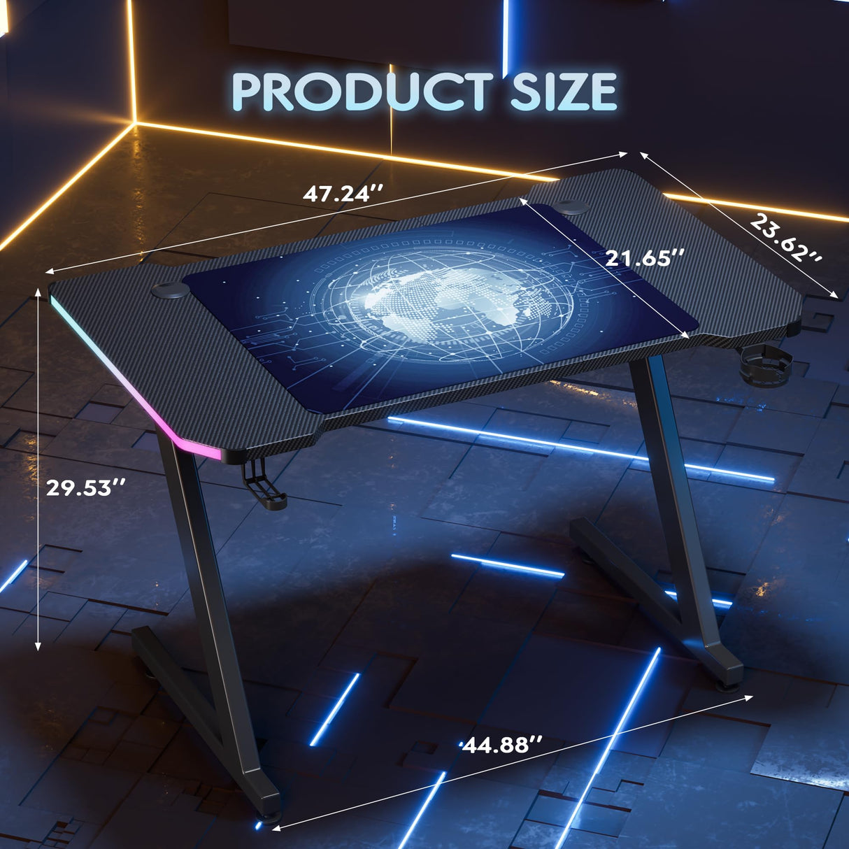 Homall Gaming Computer Desk with Carbon Fiber Surface, Gaming Table Z Shaped PC Home Office with Cup Holder&Headphone Hook(47 in, Black, Led Light) Homall