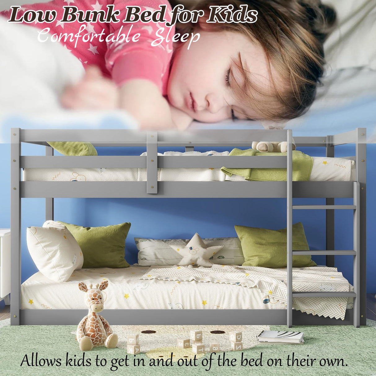 Mirightone Bunk Bed Twin Over Twin, Floor Bunk Bed with Ladder, Solid Wood Low Twin Bunk Beds for Kids Teens, Ideal for Multiple-Child Family, Apartment, Dormitory, No Box Spring Needed,Grey Mirightone