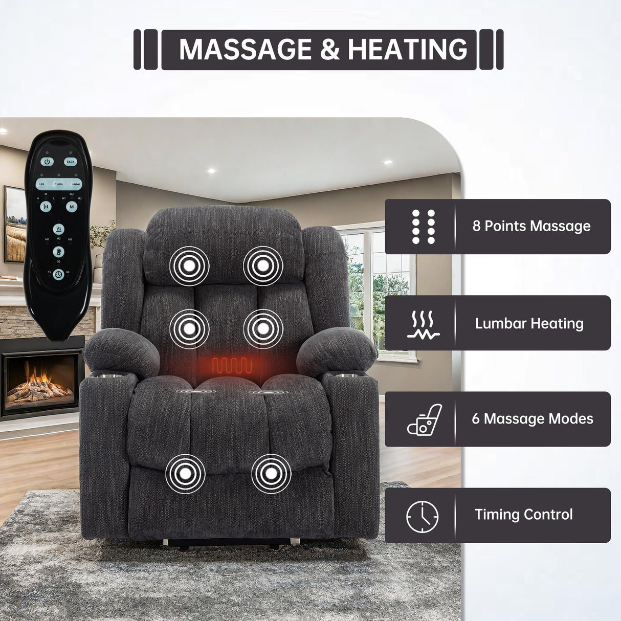 2024 Power Lift Recliner Chair with Full-Body Massage and Heat for Elderly, Hand Remote Control, Upgraded Powerful Motor, Extended Footrest, USB Ports, Stainless Steel Cup Holders, Chenille Grey Trustyue