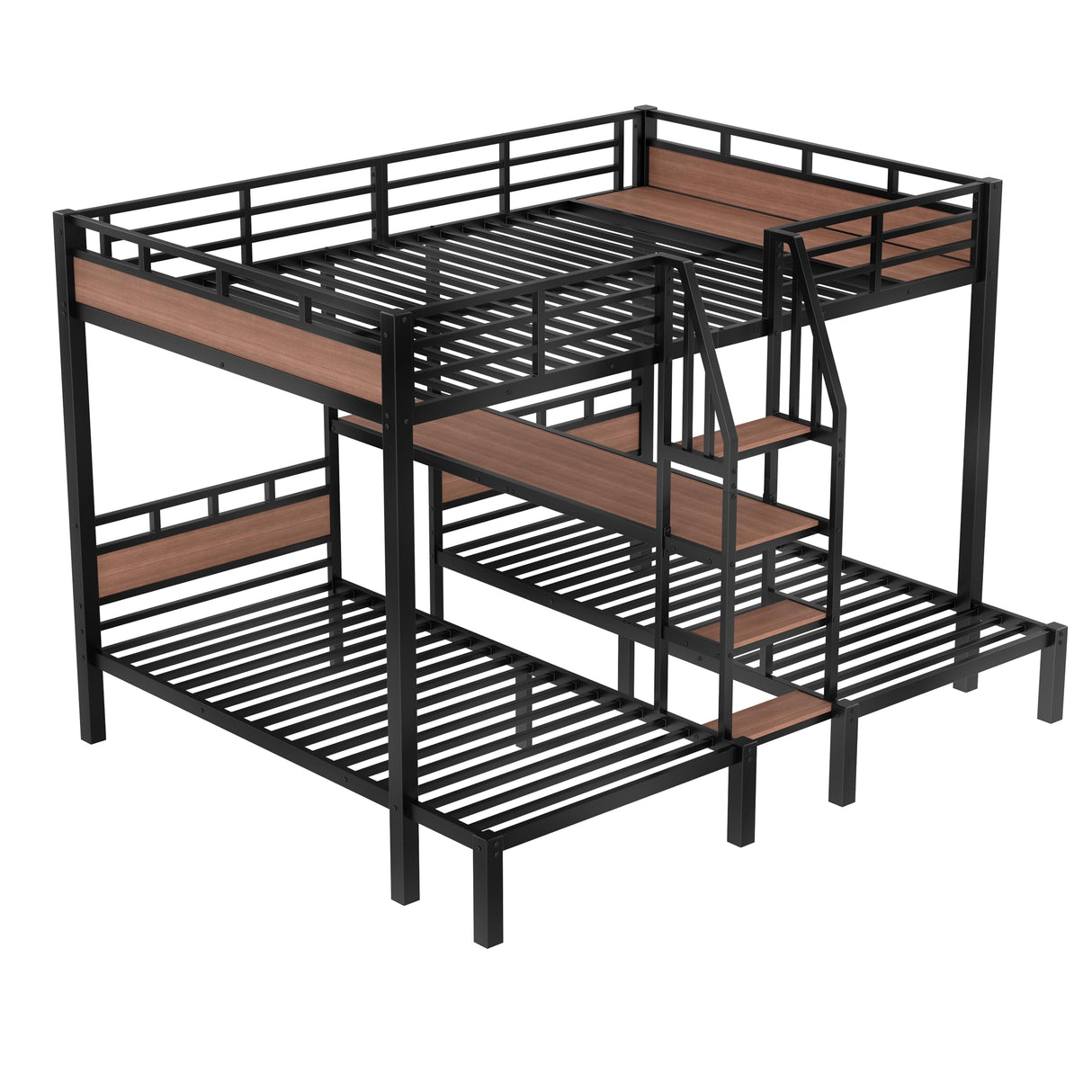 Bellemave Queen Over Twin Over Twin Bunk Bed with Shelf and Stairs, Heavy Duty Triple Bunk Beds with Safety Guardrails, Metal Triple Bunk Bed Frame for 3 Kids, Teens, Black Bellemave