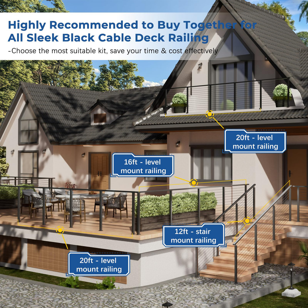 Zylorix 16ft-20ft Complete Set Cable Railing System, 42" Black T304 Stainless Steel Cable Railing Posts Kit with Adjustable Handrail Cable Rail, One-Stop Super Easy DIY for Outdoor Level Decks Zylorix