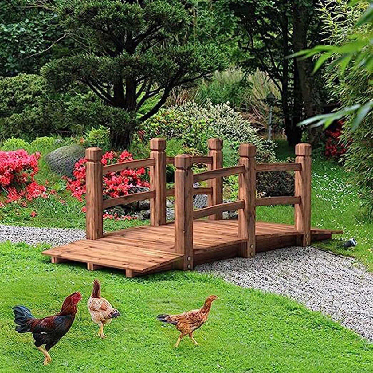 Wooden Garden Bridge, Classic Wood Arc Footbridge w/Safety Rails & 400 lbs Capacity, Decorative Pond Bridge for Outdoor Garden Yard Back Yard Creek Farm WoodArtSupply