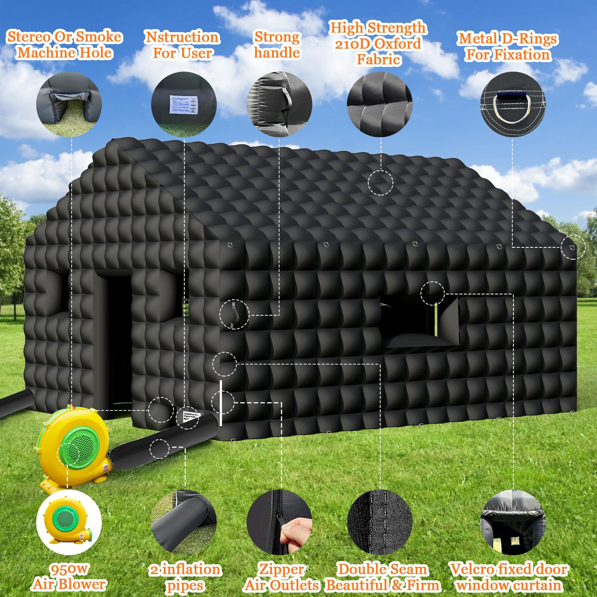 WUHUWOO Inflatable Nightclub 20x16.8x12 Ft, Large Black Inflatable Club Tent with 950w Blower and Logo Area, Inflatable Party Tent for Adults Birthday Backyard Wedding Rental (Black, 20x16.8x12 Ft) WUHUWOO