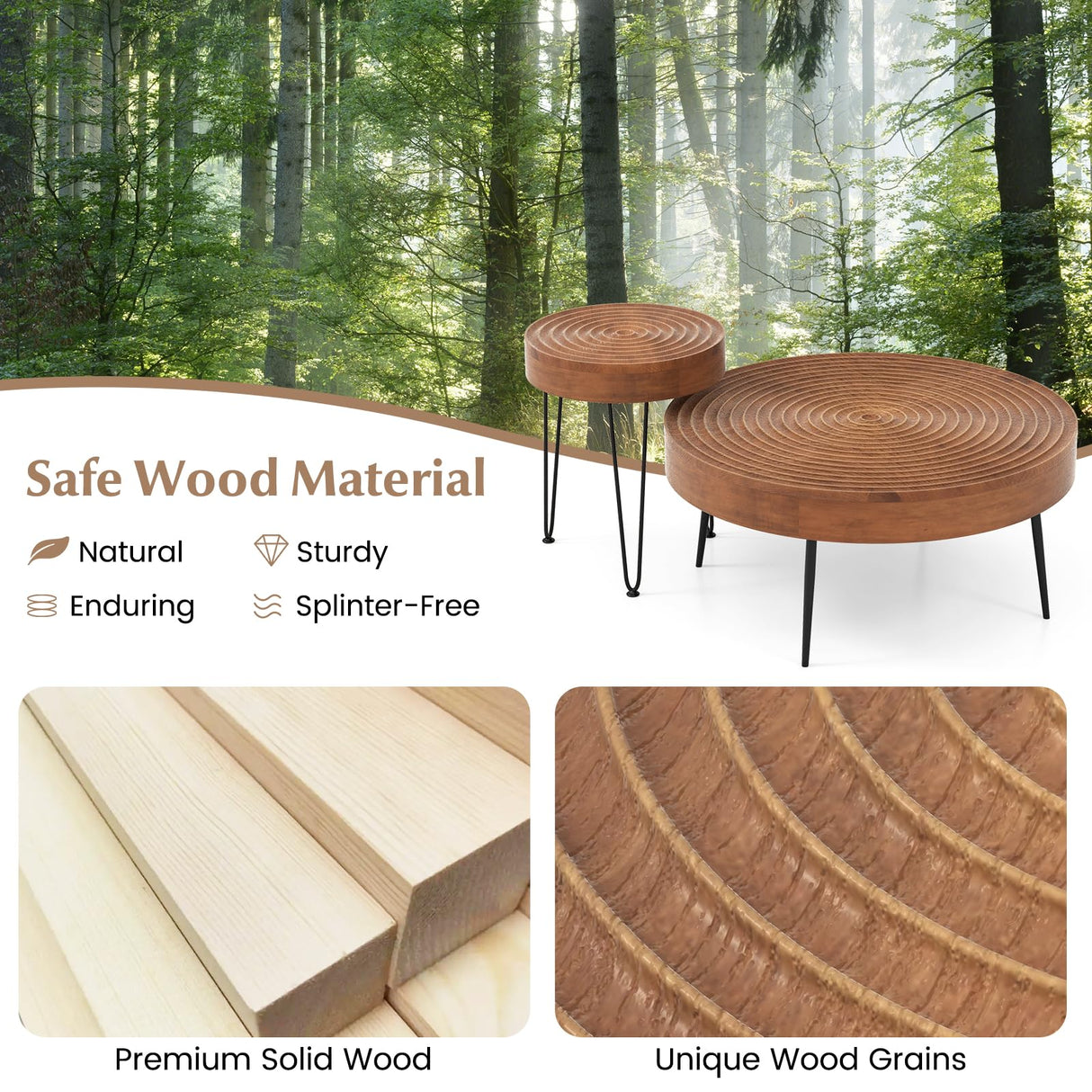 Giantex Boho Round Coffee Table Set of 2, Sofa Side Nesting Table with Solid Pine Wood Top, Metal Legs & Adjustable Foot Pads, 31.5" D Large Table Set for Living Room (Ring Pattern, Brown) Giantex
