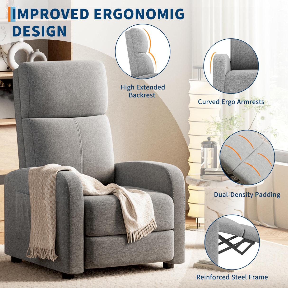 GarveeHome Linen Fabric Manual Recliner Chair, with Side Pocket, High Backrest, Thick Cushion, Adjustable Push Back Recliner,Lazy Lounge Chair for Living Room, Home Theater, Bedroom, Gray GarveeHome