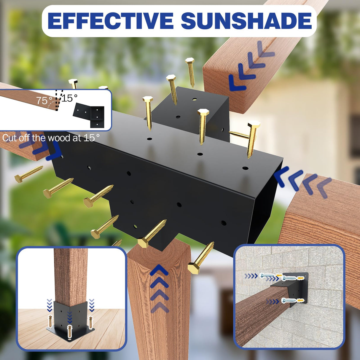 Pergola Kit, 15° 4-Way Slanted Roof Pergola Bracket Set, Powder-Coated Roof Wall Mount Pergola Brackets 4" x 4" (Actual: 3.5x3.5 Inch), Pergola Hardware for Porch Gazebo Backyard (3 pcs) TOCRETOARE