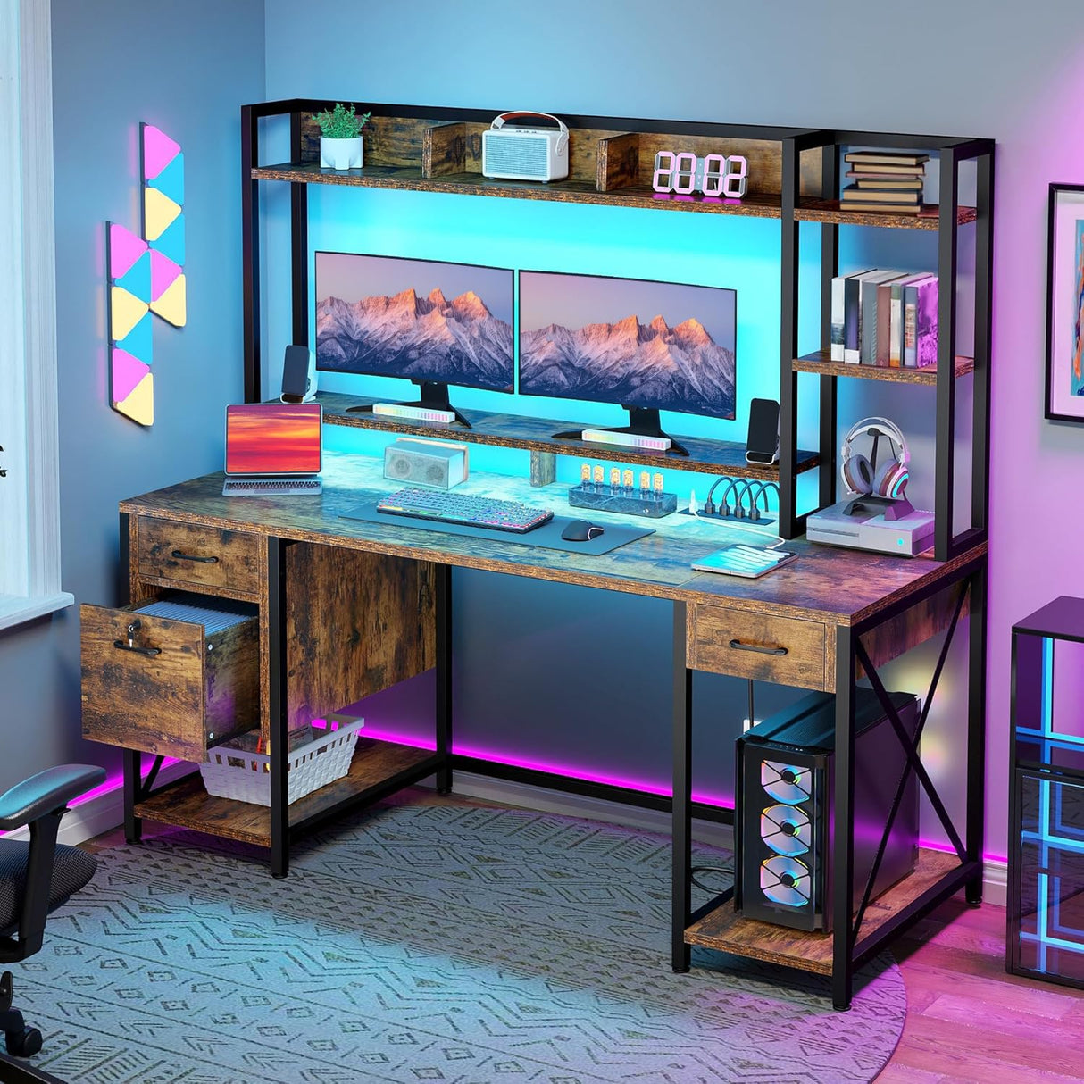 DWVO Computer Desk with Drawers & Hutch, 59.1" Office Desk with Power Outlets & LED Lights, Home Office Desk with Storage Shelves, Rustic Brown DWVO