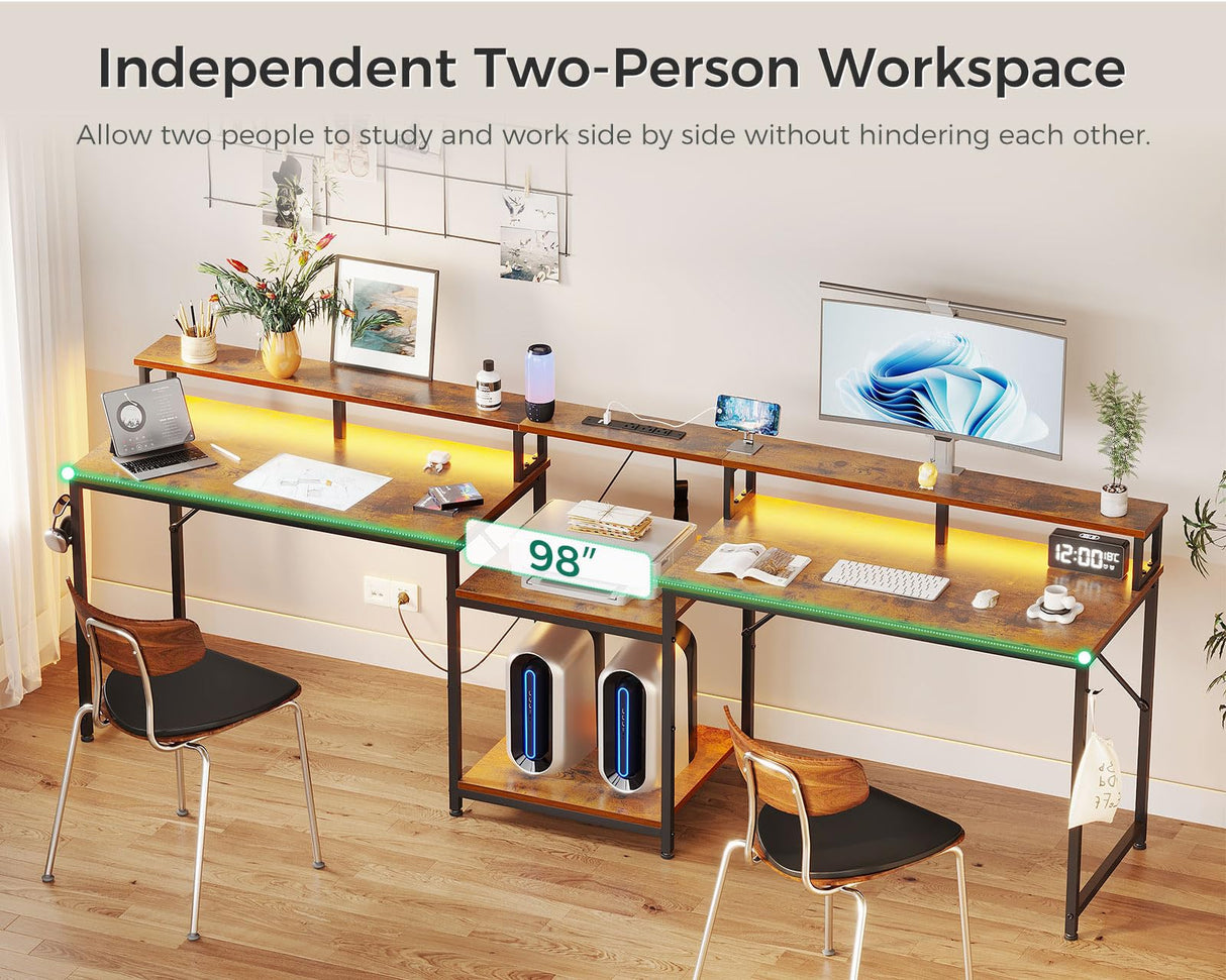 Coleshome 98" Home Office Computer Desks with Storage Shelves- 2 Person Writing Desk with LED Lights & Power Outlet, Long Two Person Desk with Monitor Stand, Double Study/Work Table Workstation, Brown Coleshome