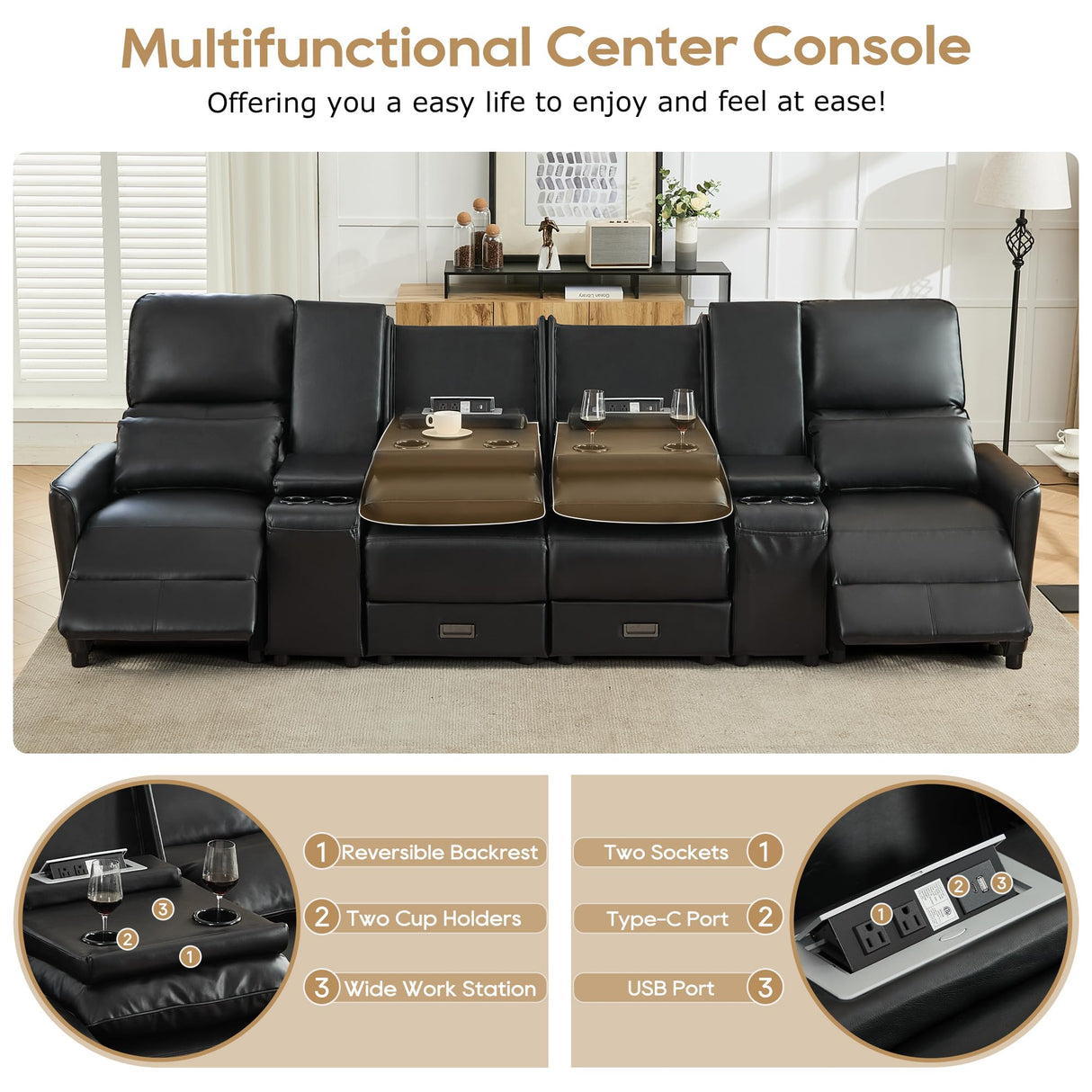 DRMBOOK 118'' RV 4 Seater Recliner Sofa, Faux Leather Three Camper Couch 4 Seater Recliner, Home Movie Theater Seating Chair, 4 Person Push Back Recliners for Living Room, Black DRMBOOK