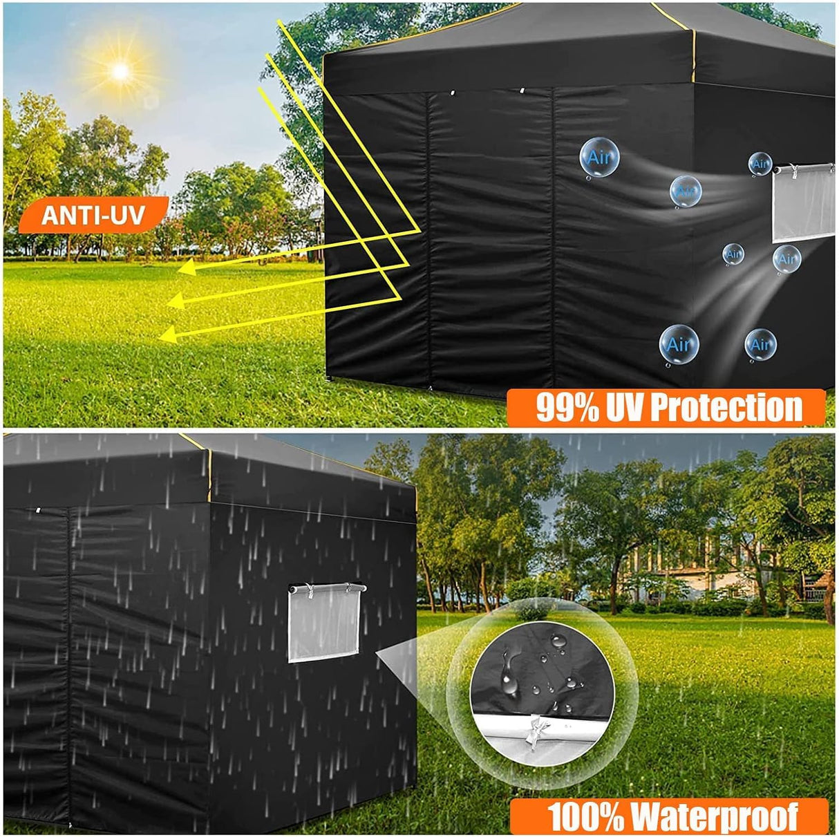 10x10 Pop Up Canopy Tent with 4 Sidewalls and Mesh Windows 2.0, Waterproof Commercial Instant Gazebo Tent Outdoor Canopy Tents for Party/Exhibition/Picnic with Carry Bag,4 Stakes & Ropes (Black) COBIZI