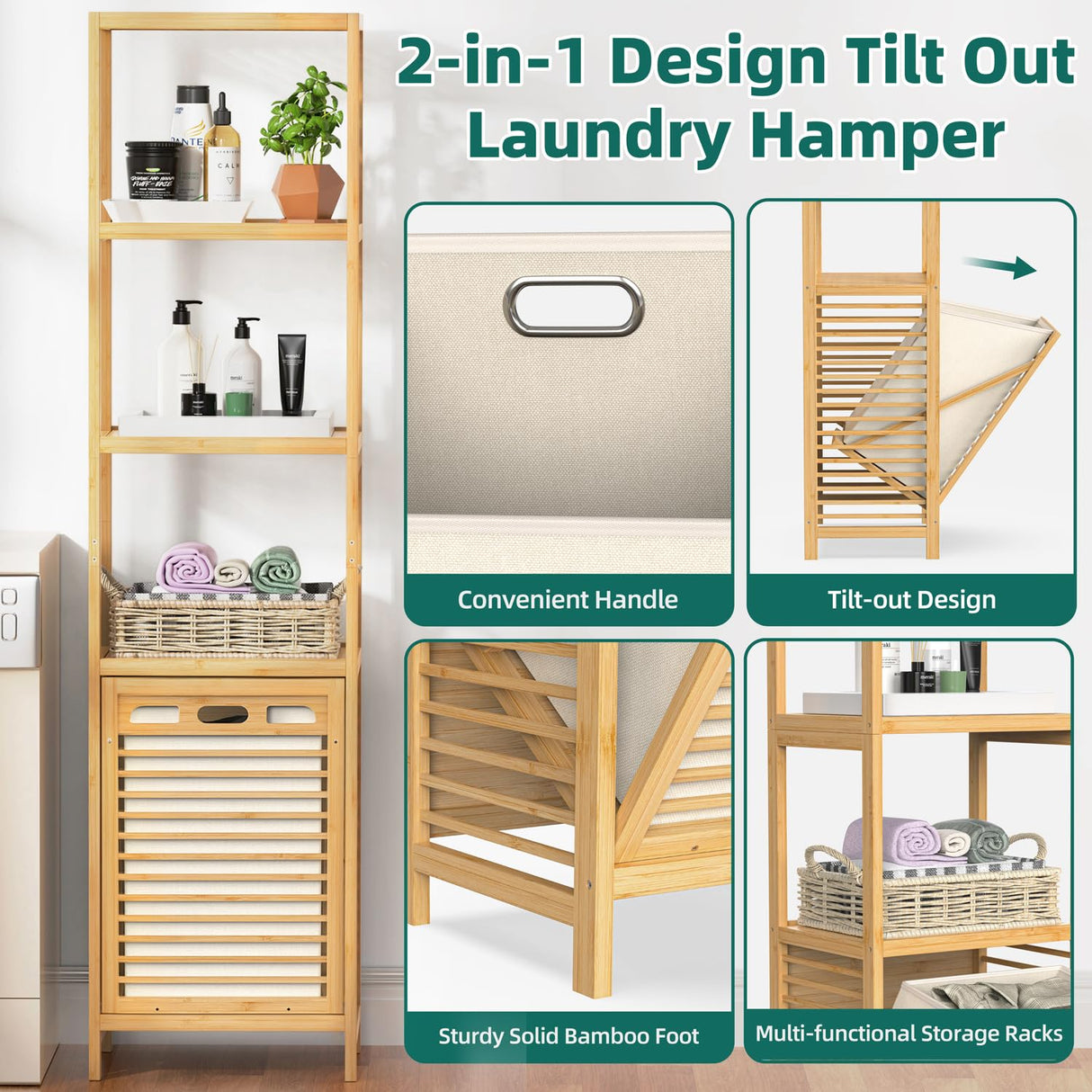 BAMBOOHOMIE Bamboo Tilt Out Laundry Hamper, 4-Tier Tilt Out Hamper for Laundry with Shelf & Removable Clothes Basket - Can Convert to 2-Tier Pull-Out Laundry Hamper & 2 Tier Freestanding Shelf, Beige BAMBOOHOMIE
