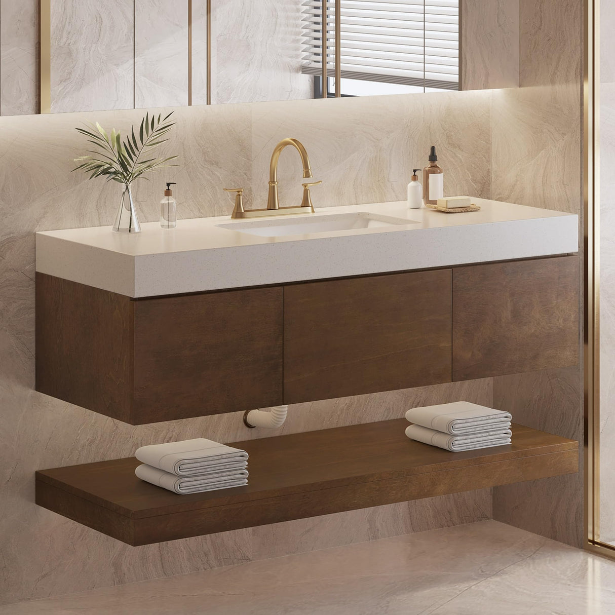 YITAHOME 48 Inch Floating Vanity with 3 Drawers, Wall Mounted Bathroom Vanity with White Quartz Countertop & Oak Veneer, Big Space Storage for Modern Bathroom, Walnut YITAHOME