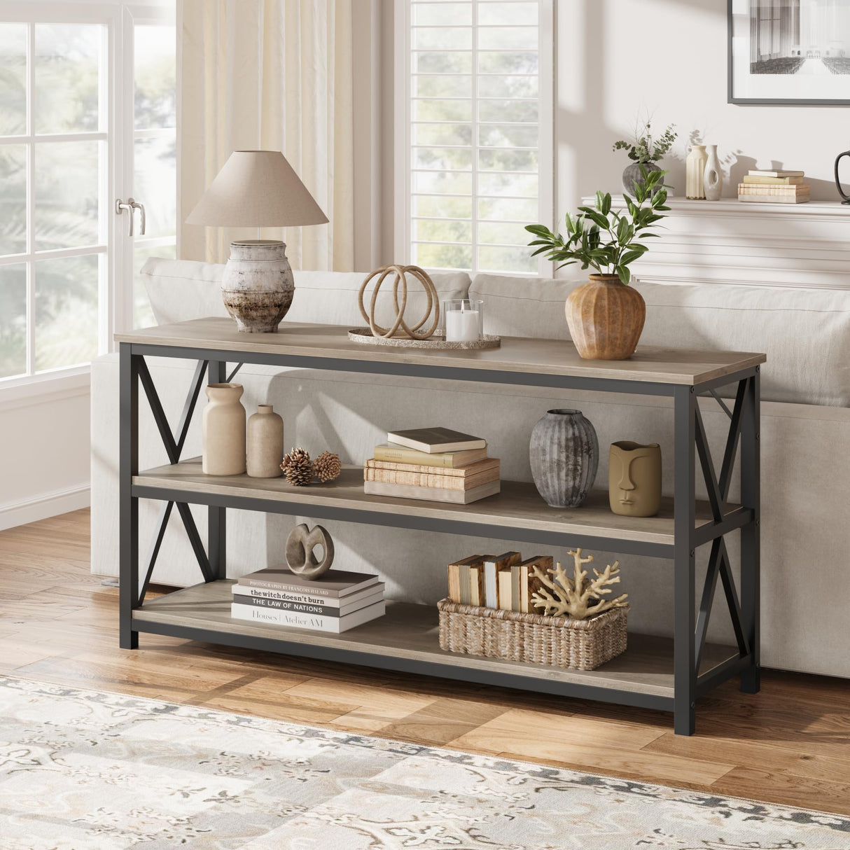 IDEALHOUSE 55 Inch Entryway Table, Narrow Long Console Table with Storage, 3 Tier Wood Sofa Table for Living Room, Industrial Behind Couch Table, Hallway Table for Foyer, Entryway Furniture-Grey IDEALHOUSE