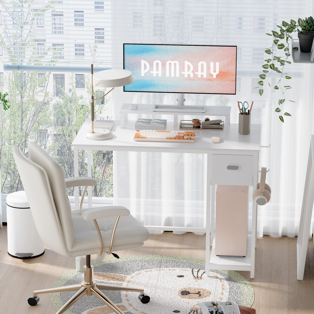 Pamray 39 Inch Computer Desk with Monitor Stand Small Home Office Desks with Non-Woven Storage Drawer for Bedroom Study Table Writing and Work Desk White,White Leg Pamray