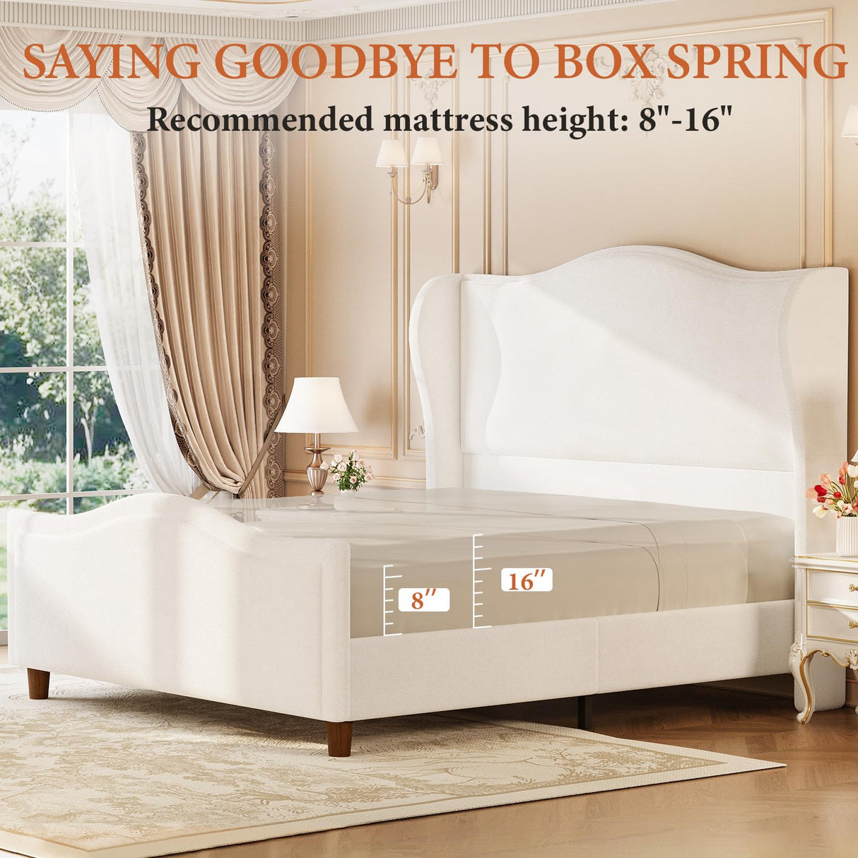 koorlian Queen Bed Frame Chenille Upholstered Platform Bed with Headboard and Footboard, 51" High Deep Tufted Wingback Sleigh Upholstered Bed, Modern Retro Minimalist Style, Easy Assembly, Cream koorlian