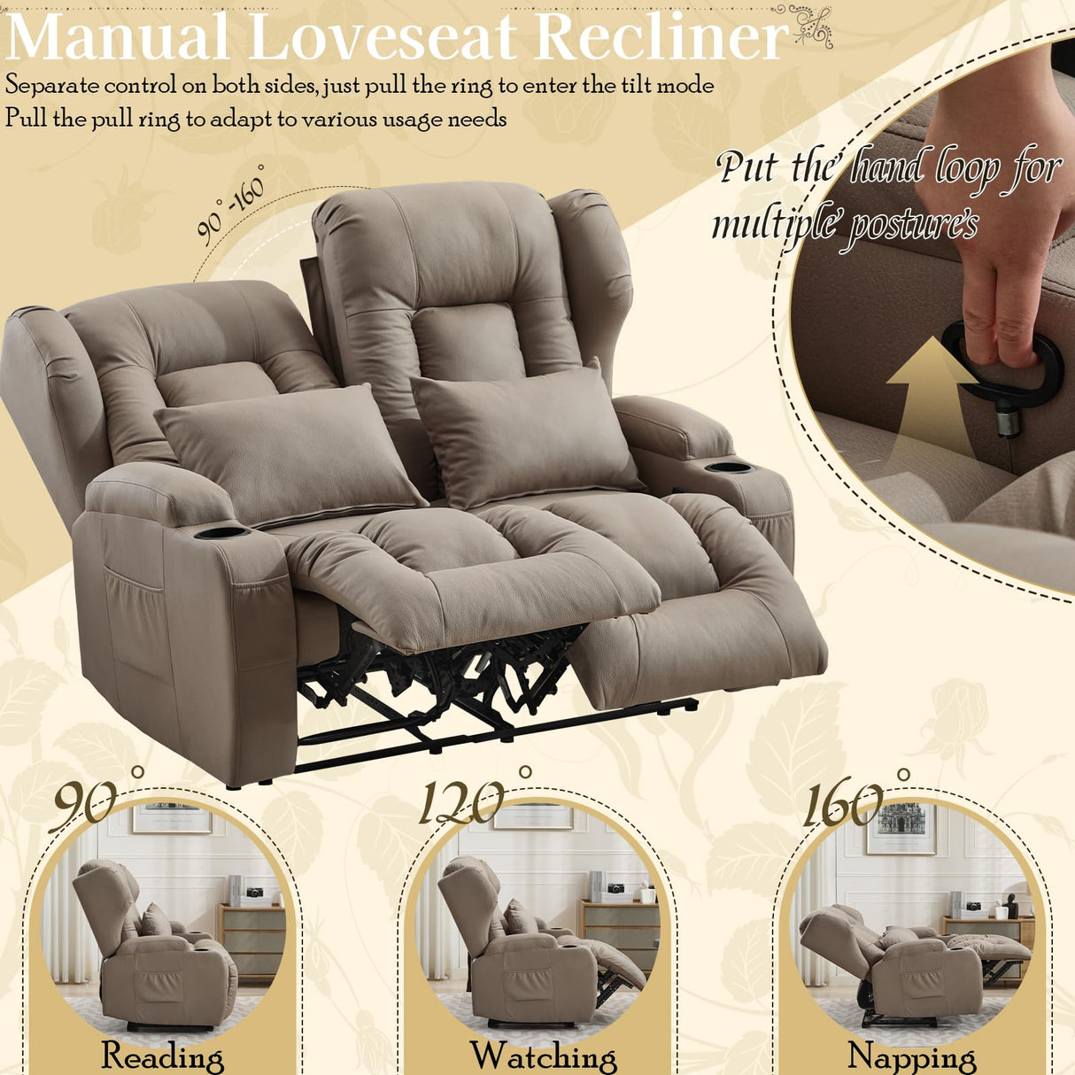 SAMERY 54.2" RV Loveseat Recliner Sofa, Manual Recliner Loveseat RV Sofa Home Theater Seating with Arm, Cup Holders and Side Pocket for Living Room/Office/Apartment SAMERY