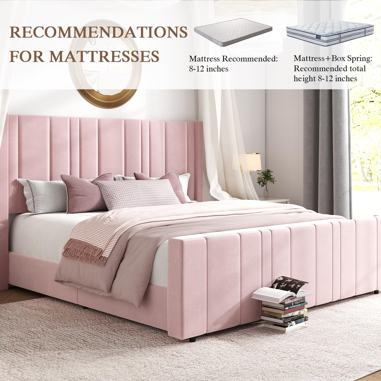 HOMBCK King Size Bed Frame, Soft Upholstered Bed Frame with Vertical Channel Tufted Headboard, Soft Bed Frame King, Tall Footboard, Noise Free, No Box Spring Needed, Easy Assembly, Pink HOMBCK