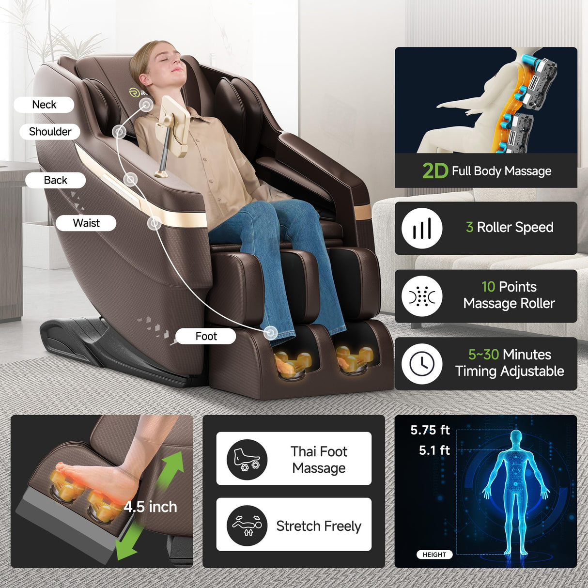 Real Relax 2025 Full Body Massage Chair, Zero Gravity Shiatsu Massage Chair Recliner, Waist and Calf Heating, Foot Massage, Bluetooth, Large Control Screen (Brown and Gold) Real Relax