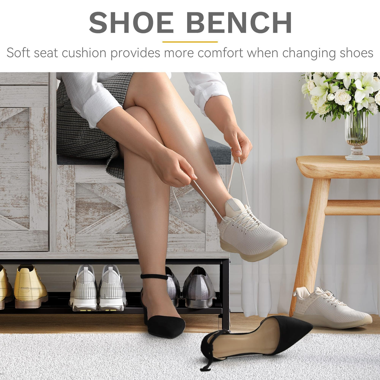 DWVO Farmhouse Shoe Storage Cabinet with 2 Flip Drawers for 16 Pairs, Entryway Shoe Storage with Shoe Bench, Narrow Slim Shoe Cabinet for Entryway, Living Room, Hallway (Embossed White) DWVO