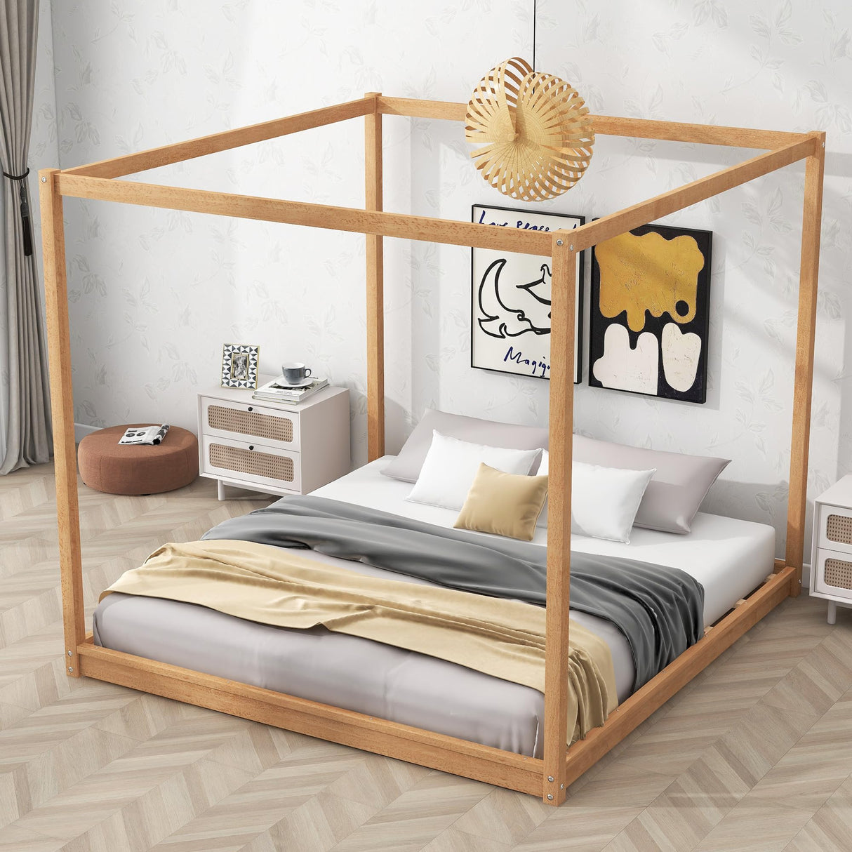 King Size Canopy Bed Frame, Wood Floor Canopy Bed Frame, Four Poster Canopy Platform Bed with Wooden Slats Support for Adults, Solid Wood 4-Poster Bed, Wood Floor Bed Frame with 4 Posters, Natural MaiDeHaoo