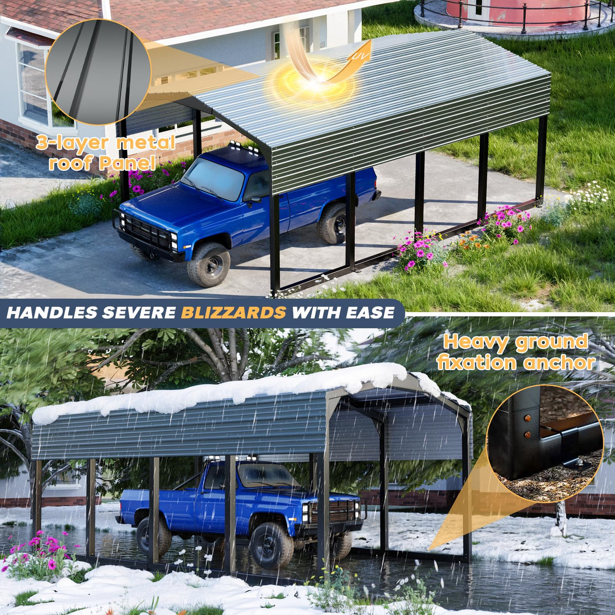 Metal Carport 12x20ft Heavy-Duty | Military-Grade Reinforced Garage Kits with Steel Roof & Hurricane | 550lbs/Sq.Ft Snow/RV/Camper/Truck/Tractor Shelter K Knowbody