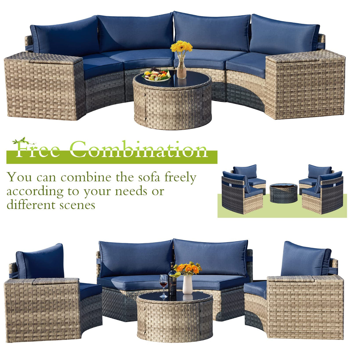 AVAWING Outdoor Sectional Furniture with 2 Storage Side Armrests, 7 Piece Half Moon Patio Set with Tempered Glass Round Coffee Table, All-Weather Gray Wicker, Waterproof Cushions (Blue) AVAWING