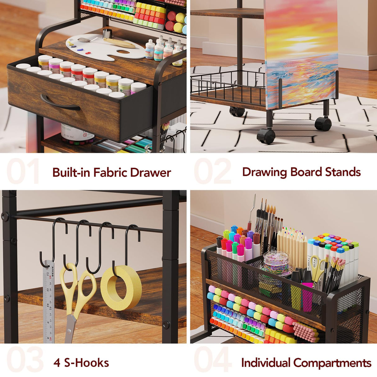 Homsorout Art cart, 3 Tier Rolling Cart - Utility Cart with Storage Drawer and Wheels, Versatile Art & Craft Organizer for Home, Office, or Studio Ideal for Storing Brushes, Paints (Brown) Homsorout